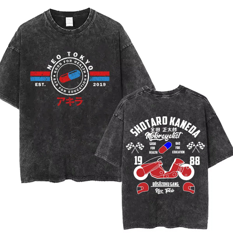 Washed Retro Japanese Anime Akira Print 100%Cotton Men Woment T-shirt Summer Autumn Daily Sports Party Casual Loose Short Sleeve