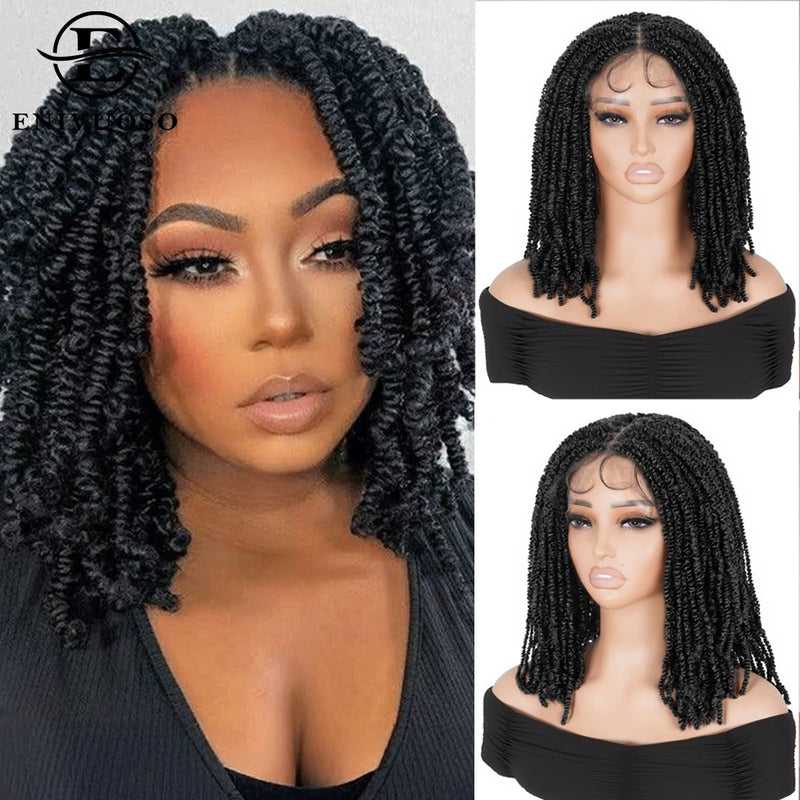Synthetic Full Lace Braided Wigs Spring Twist Wig for Black Women 14 Inch Short Bob Knotless Box Braids Double Lace Twist Wigs