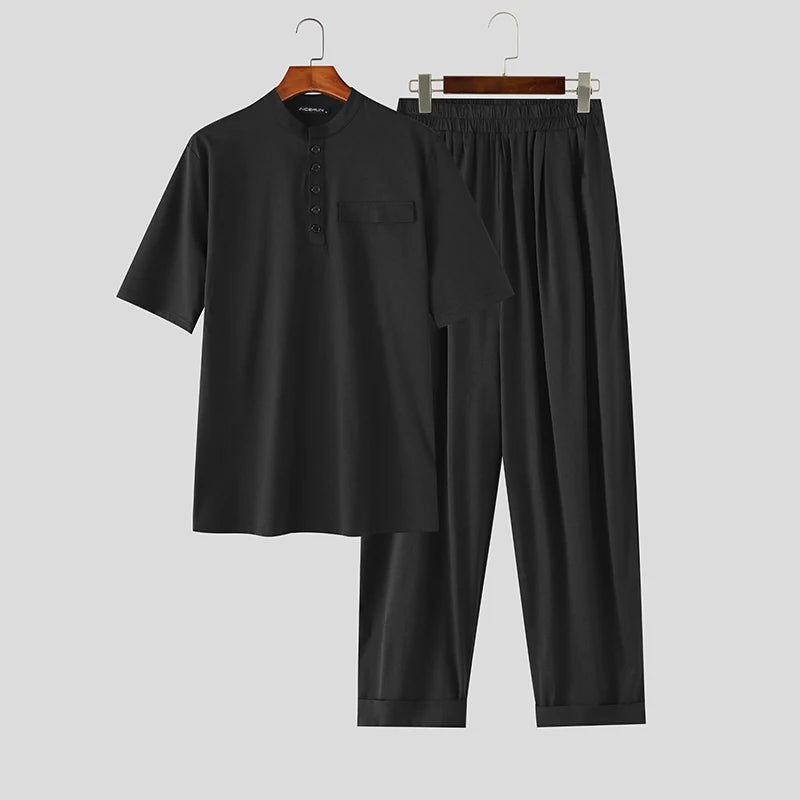 INCERUN Men's Sets Solid O - neck Short Sleeve T Shirt Pants Two Piece Streetwear Casual Fashion Matching - View 7 | SAMAG
