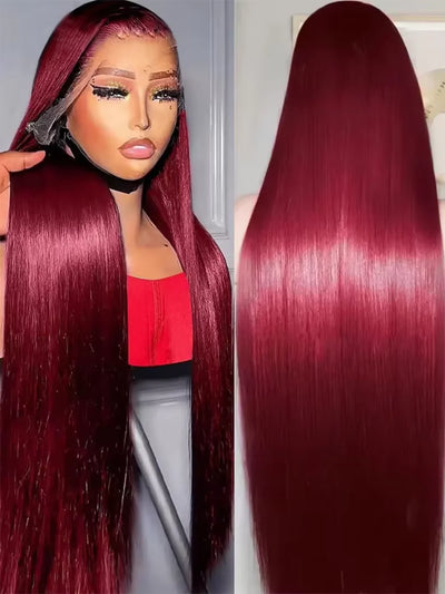 250% Density 32 Inch 99J Burgundy 13x6 HD Lace Front Human Hair Wigs Red Wine Brazilian Straight 13x4 Glueless Lace Frontal Wigs