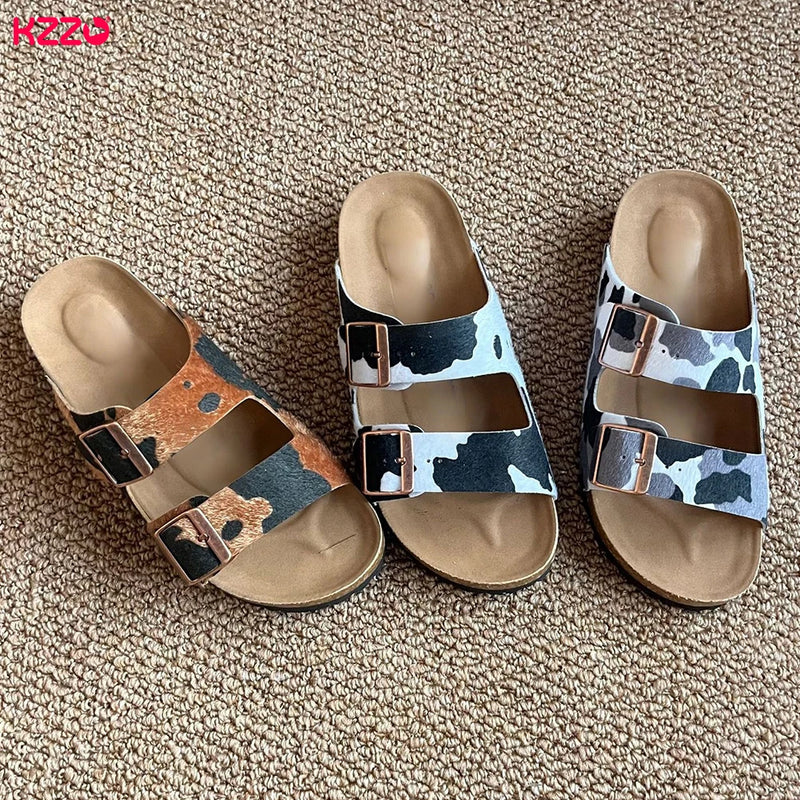 KZZO Horse Hair Genuine Leather Women Mules And Clogs Adjustable Buckle Cork Footbed Comfort Casual Outdoor Slippers Non-Slip