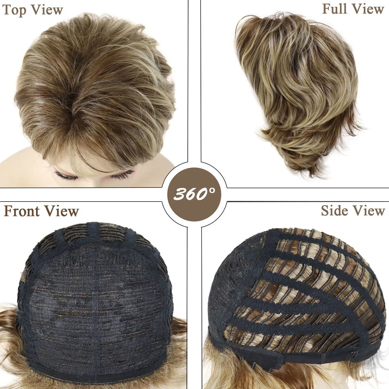 Women's Fashion Short Wigs Natural Synthetic Hair Mixed Blonde Pixie Cut Layered Wig with Bangs Heat Resistant Daily Party Use