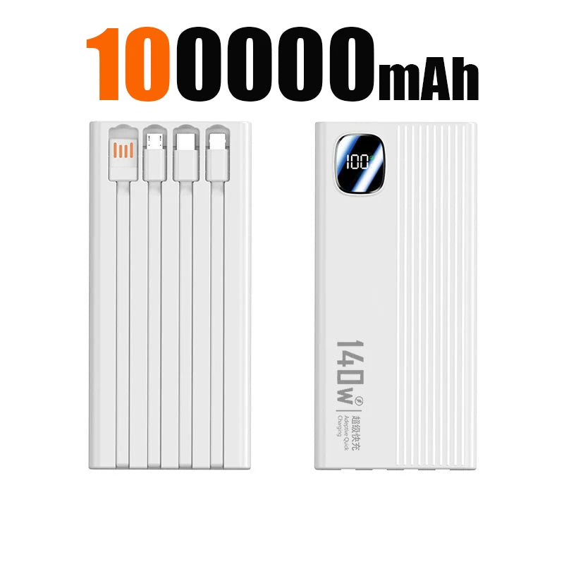 140W 200000mAh Power Bank Large Capacity 4 In1 Cables Intelligent Digital Display Light Portable Powerbank For iPhone Huawei New