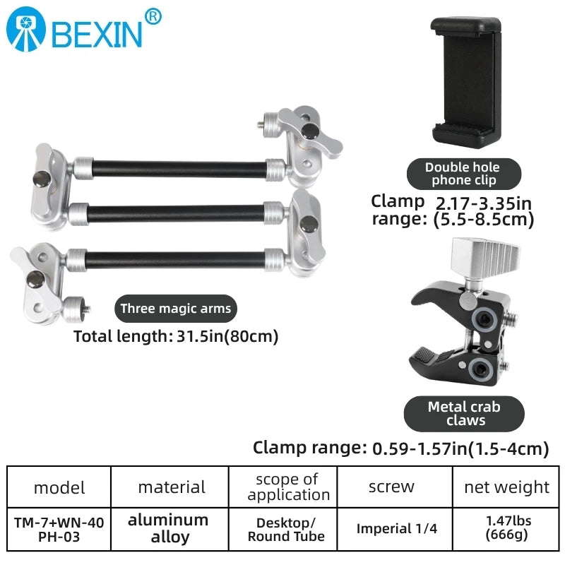 BEXIN Camera Magic Arm with Super Clip Bracket for Smartphone  Clamp Mount Tablet Webcam Studio Kits Set