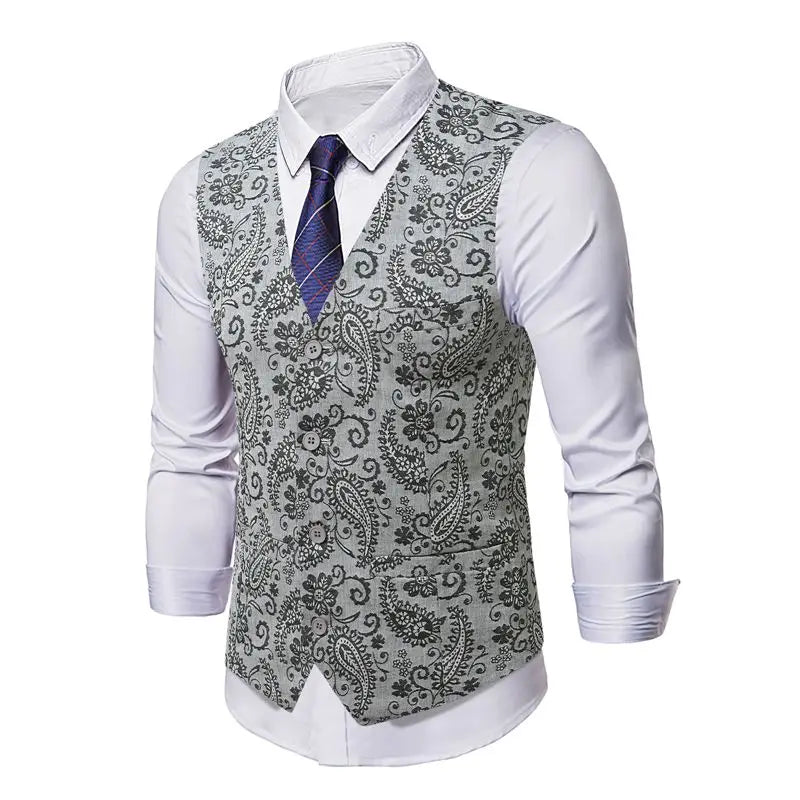 Men's Floral Suit Vest V-neck Single-breasted British Slim Fit and Fashionable Horse Clip Vest Vest Trendy