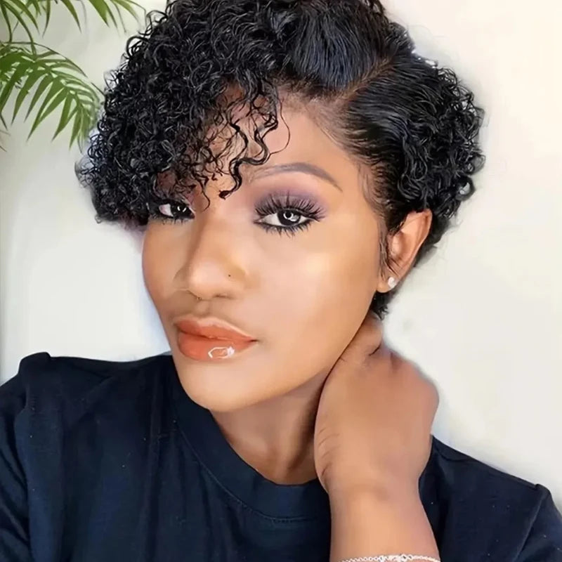 13x4x1 Lace Frontal Short Curly Wig Pixie Cut Bob Wig Water Wavy Brazilian Remy Human Hair Wigs for Women 180% Density  5Inch
