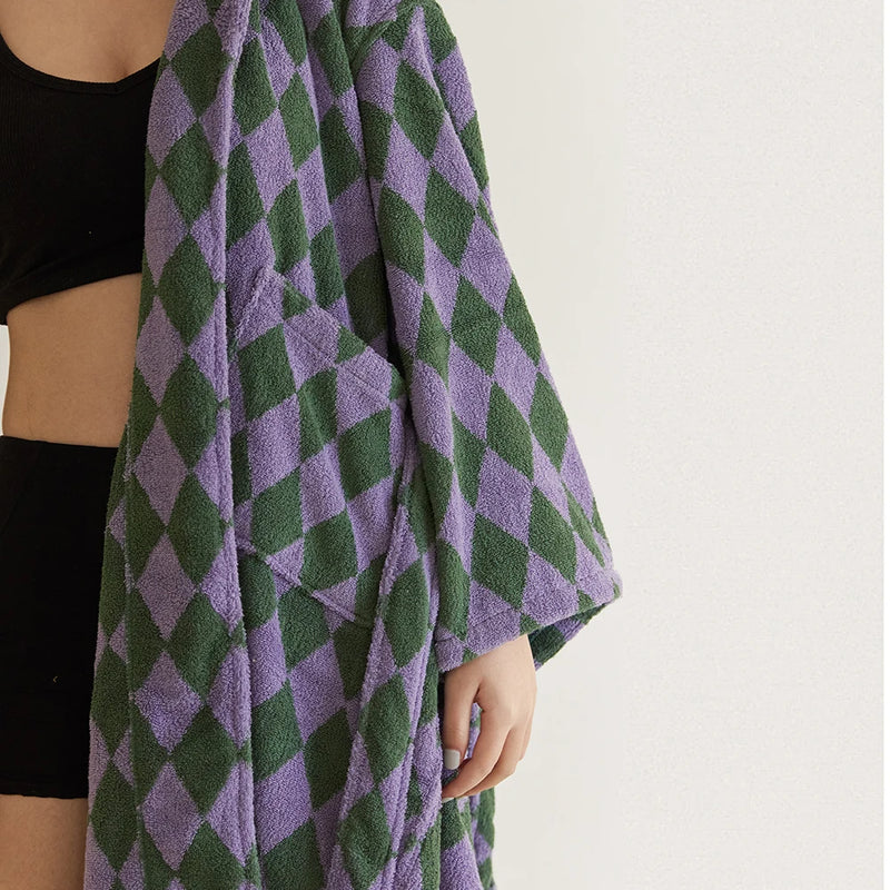 Retro Plaid Cotton Bathrobe Super Soft Absortion Hooded Loose Bath Robe Coat Towel V Neck Warm Sleepwear Robes Women Homewear