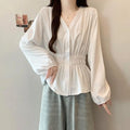 200 Pounds Plus Size Elastic Waist Office Lady Trend Shirt And Blouse Solid Color Top Women Clothing V-neck French Chic Basics