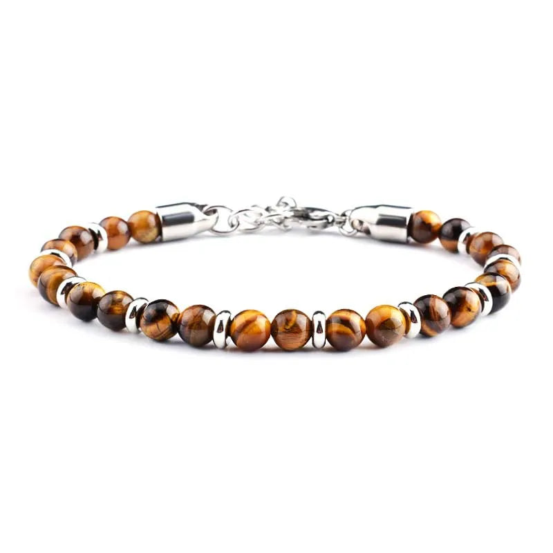 2026 Classic 6mm Tiger Eye Stone Hematite Beaded Bracelet Adjustable Stainless Steel Chain Bracelet for Men Women Jewelry Gifts