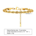 Hip Hop Men's Stainless Steel Rope Chain Bracelets,2/3/4/5mm Gold Color Adjustable Twisted Chain Wristband,Punk Casual Jewelry