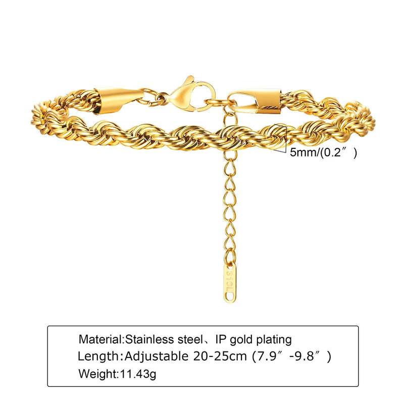 Hip Hop Men's Stainless Steel Rope Chain Bracelets,2/3/4/5mm Gold Color Adjustable Twisted Chain Wristband,Punk Casual Jewelry