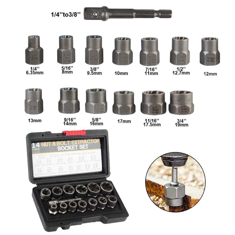 Car Tool Kit Hand Tools 6.35mm-19mm Damaged Screw Extractor 14pcs Bolt Nut Remover Socket Set Cr-Mo Steel