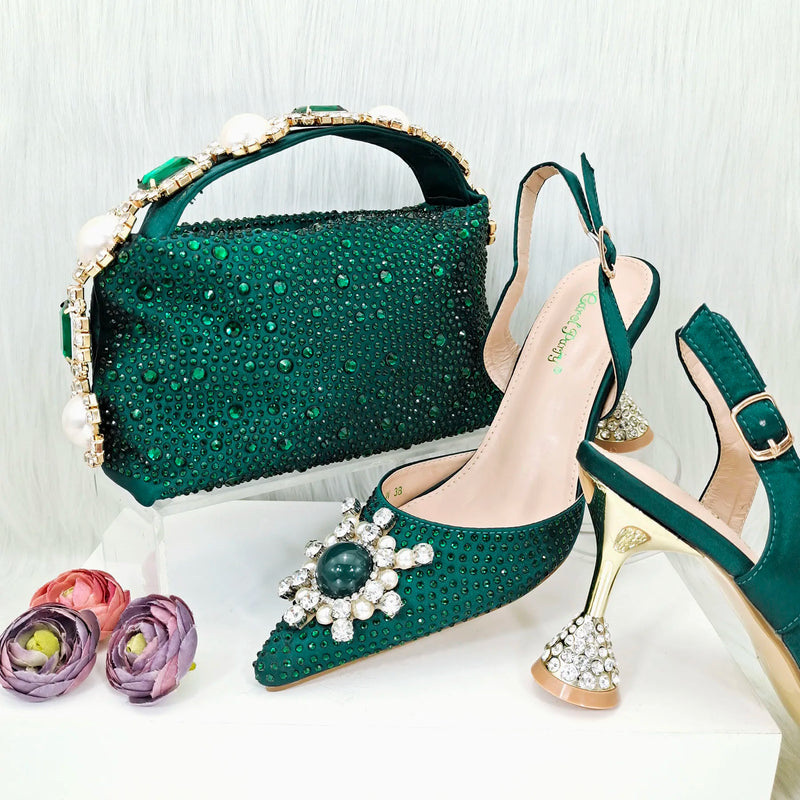 QSGFC 2026 New Fashion Purple Sandals Sequins Rhinestone Point Toe High Heels Slingback Women's Dress Women's Shoes & Bag Set
