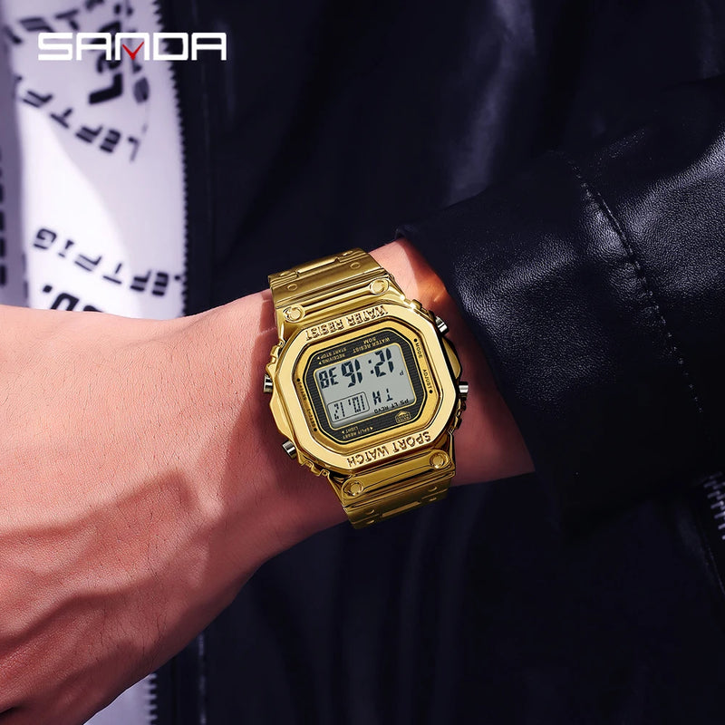SANDA 2162 Men's Electronic Watch Square Waterproof Multi Functional Wrist Watch Square Fashion Night Light Steel Digit Watches