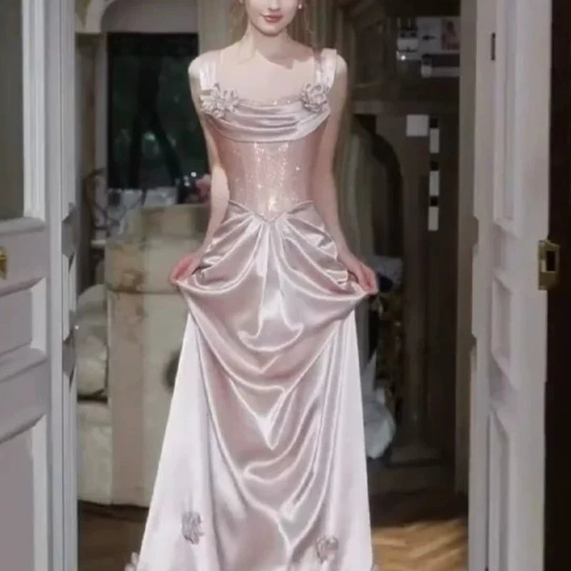 Pink Luxury Satin Prom Dress Glitter Sequins Bodice | SAMAG
