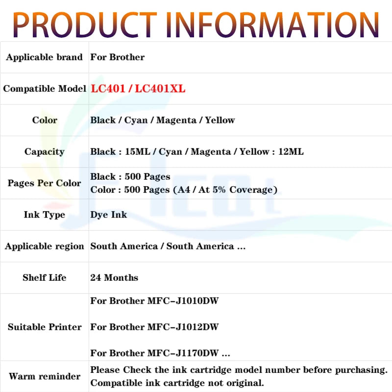 LC401 LC401XL Ink Cartridge For Brother LC 401 LC 401XL 401 Compatible For Brother MFC-J1010DW MFC-J1012DW MFC-J1170DW Printer