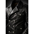 Mens English Gothic Black Leather Trench Coat Military Officer Classic