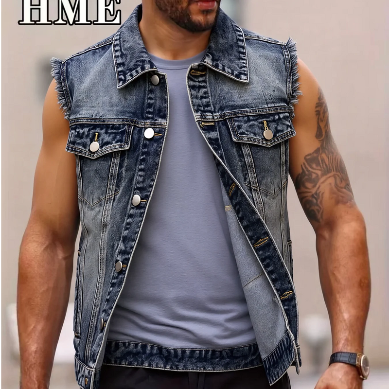 American Streetwear Men's Frayed Denim Vest Vintage Washed Turn Down Collar Sleeveless Jean Jacket Spring Summer