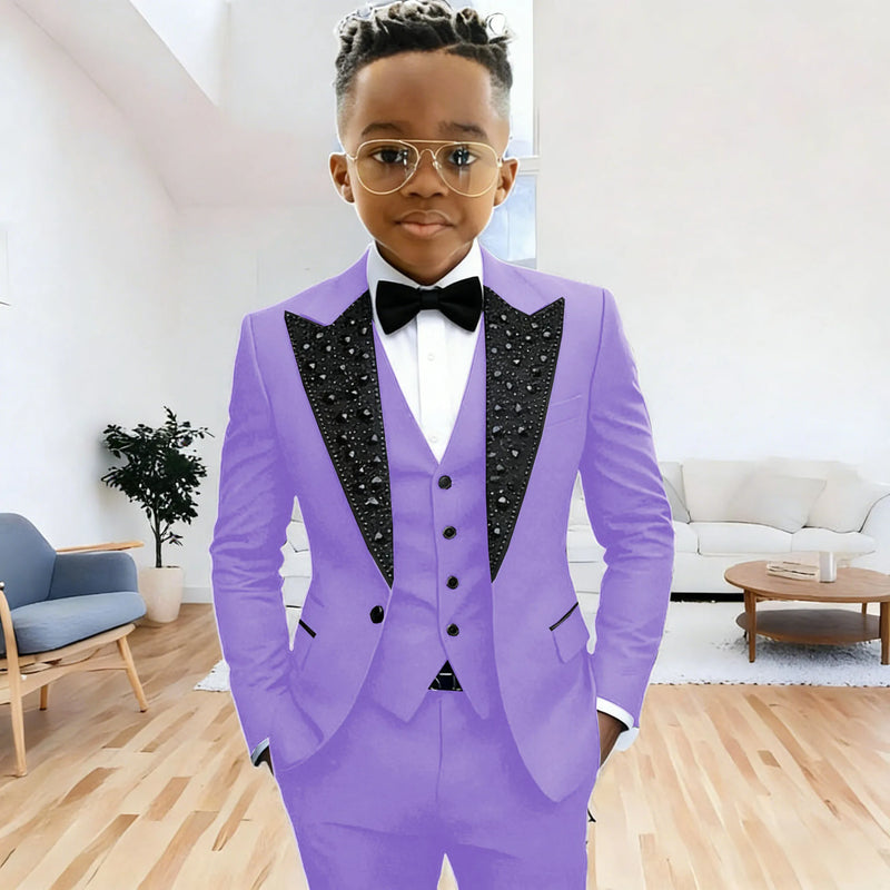 Black Suit for Boys Evening Party Tuxedo Kids Wedding Beaded Crystals Suit 3 Piece Boy Suit Jacket Pants Vest Formal Prom Dress