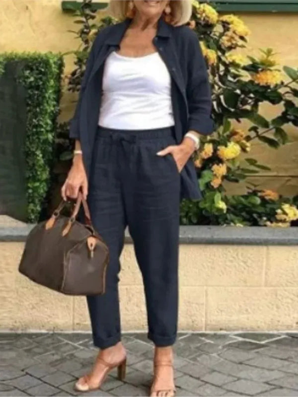 2025 Autumn Spring Casual Suit Women Cotton Linen 2 Piece Set Solid Color Loose Button Shirt + Pants Sets Daily Women's Clothing