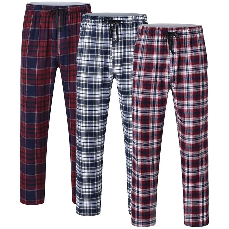 Men's 3Pcs Pajama Sleeping Pants Cotton Plaid Pjs, Long Plaid Print Sleepwear Pajama Pants with Elastic Waist Homewear