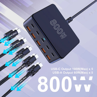 800W USB C GaN Charger 100W PD3.0 PPS QC3.0 10-Port Fast | SAMAG