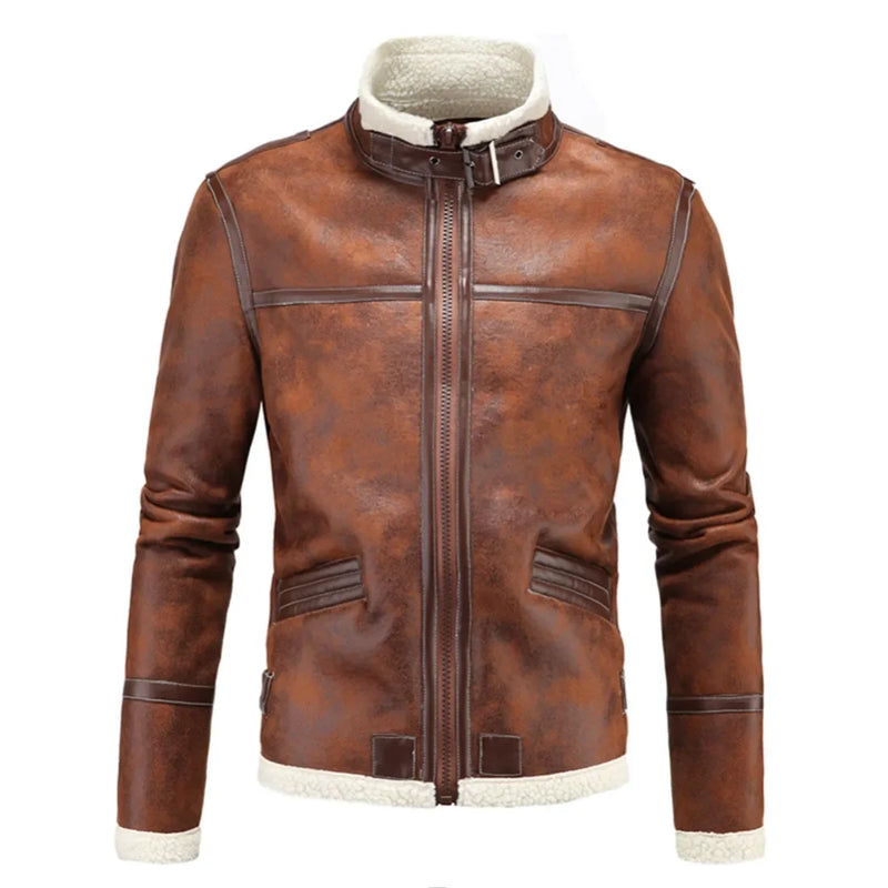 Winter Men Fleece-Lined Thicken Fur Integrated Leather New Men Leather Clothing with Stand Collar Lambswool Leather Jacket