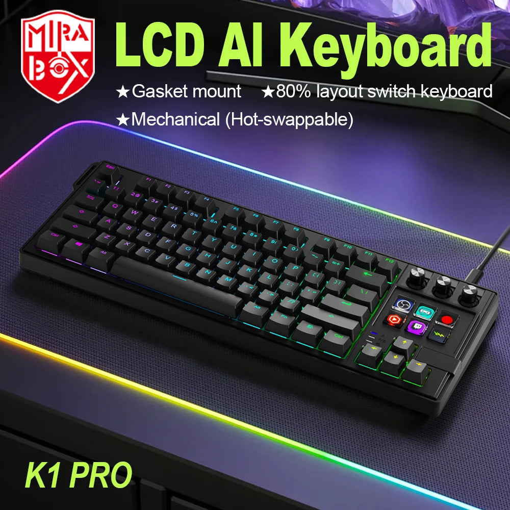 Mirabox K1 PRO Visual AI Keyboard LCD Mechanical Keyboard Macro Red Axis Wired Gaming Keyboard Detachable Cable RGB Backlight