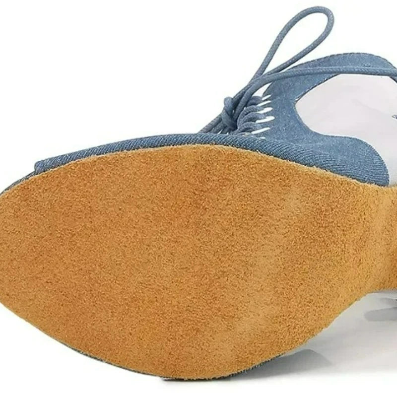 Adult Denim Latin Dance Shoes for Women Mesh Hollow Out Sandals Modern Jazz Boots Soft Sole Indoor Stage  Fish Mouth Ankle Boots