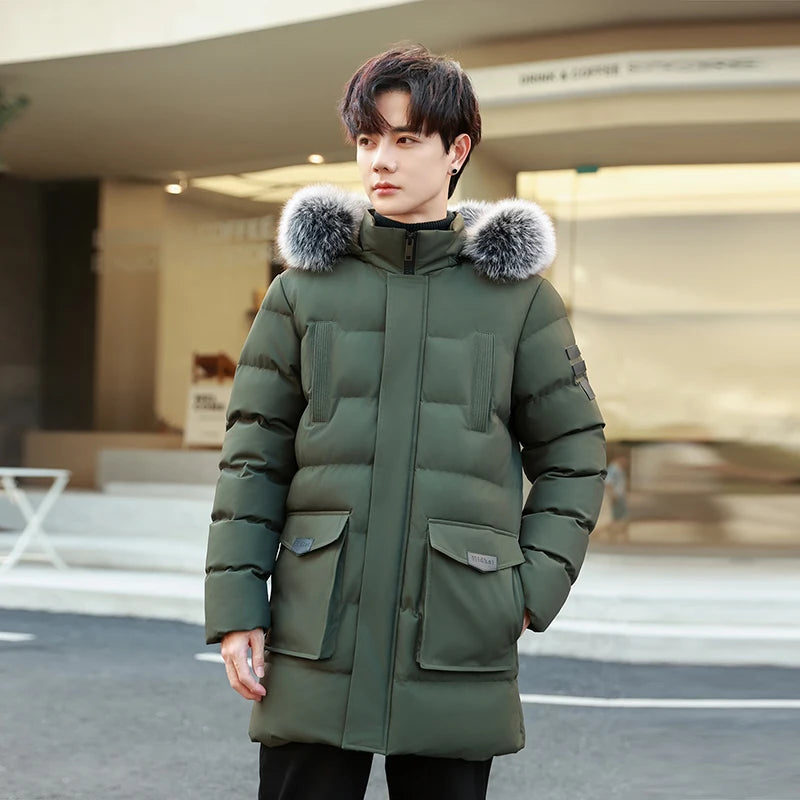 Windproof Breathable Thick Padded Down Winter Thick Windproof Warm with Hat Long Cotton Goose Down Men's Woman Outdoor