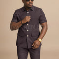 Navy Blue Striped Men Suits Chic Stand Collar Short Sleeves Wear Single Breasted Office Business Casual Male Suit 2 Piece