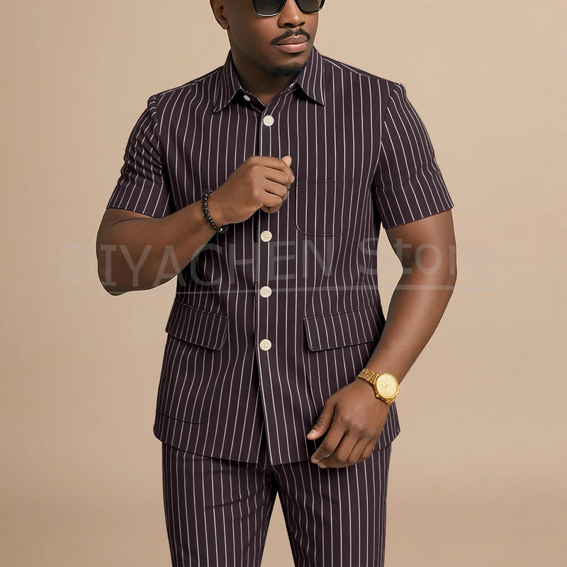 Navy Blue Striped Men Suits Chic Stand Collar Short Sleeves Wear Single Breasted Office Business Casual Male Suit 2 Piece