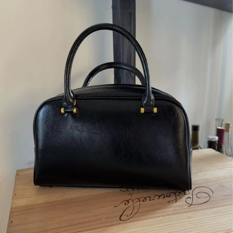2025 Boston bag women genuine leather handbag new trendy  maillard niche design large-capacity commuter retro bowling tote bag
