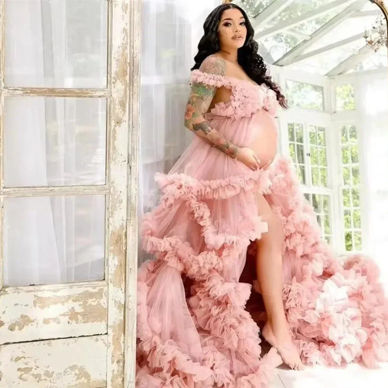 Maternity Dresses for Photoshoot Ruffles Tulle Pregnant Photo Gowns Baby Shower Off Shoulder Front Slit Bridal Sleepwear Robe