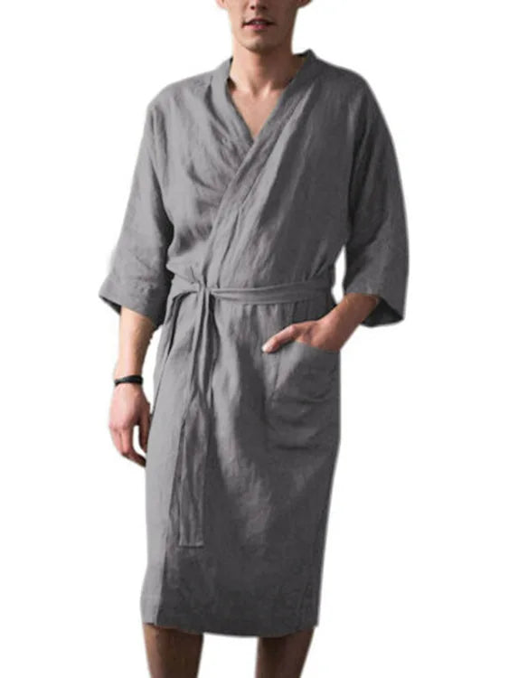 2026 Spring Autumn Men's Nightgown Cotton and Linen Robes Kimono Medium and Long Nightgown Homewear Bath Steamed Clothes Male