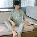 White Striped Men Pajamas Suit Short Sleeved Long Pants Thin Ice Silk Sleepwear Summer Satin Silk Home Clothing Set Pyjamas Male