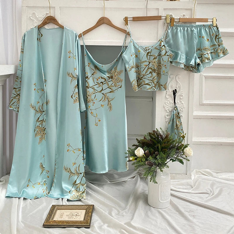 Silk Robe Sleep Suit Women's Lace Satin Pajamas Gown Set | SAMAG