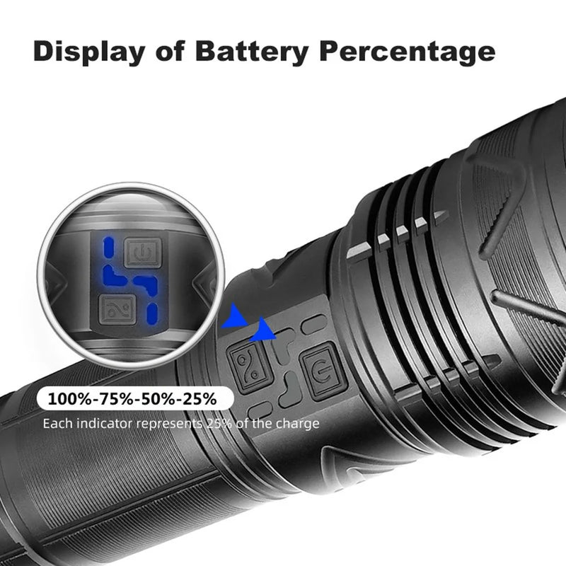 Powerful LED Flashlight Super Bright Spotlight Long Range Zoomable Lantern Emergency Torch Outdoor Tactical Lamp Power Display