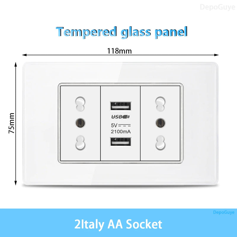 White Tempered Glass Italy USB Type C Smart Fast Charging Wall Socket Plugs Schuko Light Switch Panel Chile TV Sat Computer CAT6