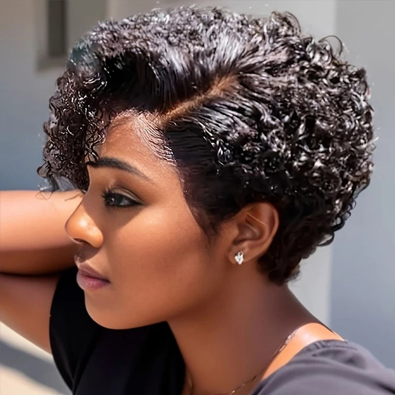 13x4x1 Lace Frontal Short Curly Wig Pixie Cut Bob Wig Water Wavy Brazilian Remy Human Hair Wigs for Women 180% Density  5Inch