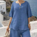 Summer Cotton Linen Casual Short-sleeved Tops Women's Suit New Fashion Female Beach Vacation 5 Point Straight Shorts 2piece Set
