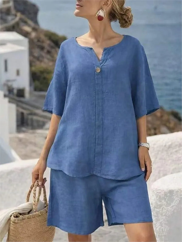 Summer Cotton Linen Casual Short-sleeved Tops Women's Suit New Fashion Female Beach Vacation 5 Point Straight Shorts 2piece Set