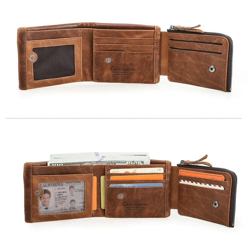 CONTACT'S Genuine Crazy Horse Leather Men Wallets Vintage Trifold Wallet Zip Coin Pocket Purse Cowhide Leather Wallet For Mens