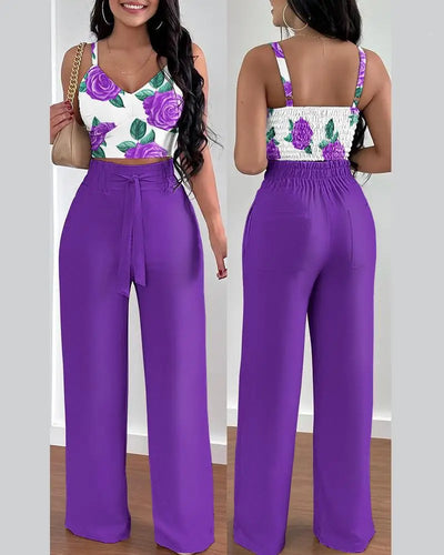 Women's Two Piece Sets Fashion Print Halter V - Neck Short | SAMAG