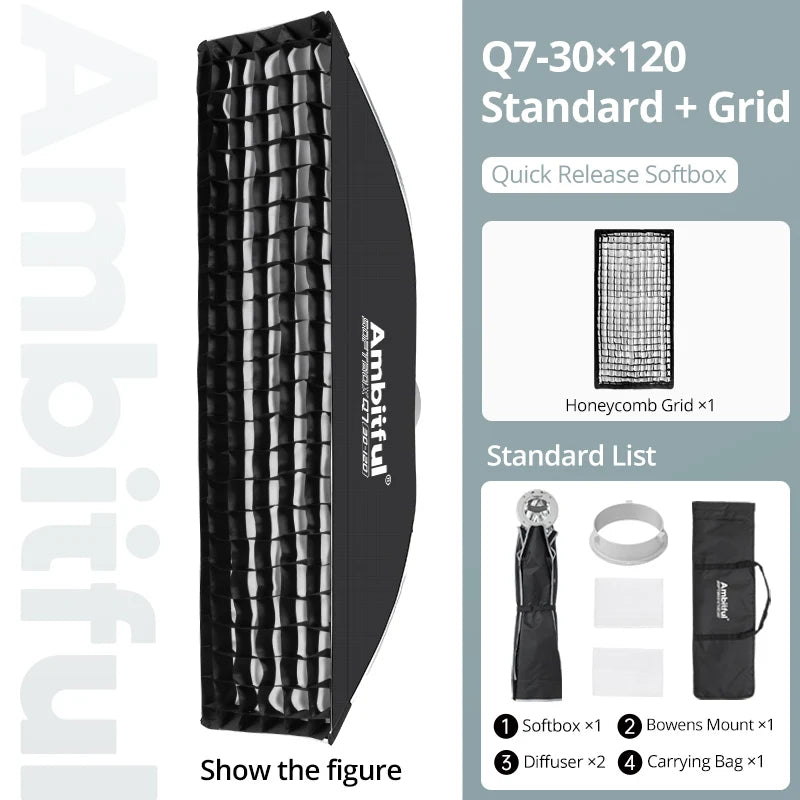 AMBITFUL Q7-II 30*120cm Bowens Mount Strip Softbox Grid Side Wings Open Matt Box Photography Quick-setup Studio Light Box Square