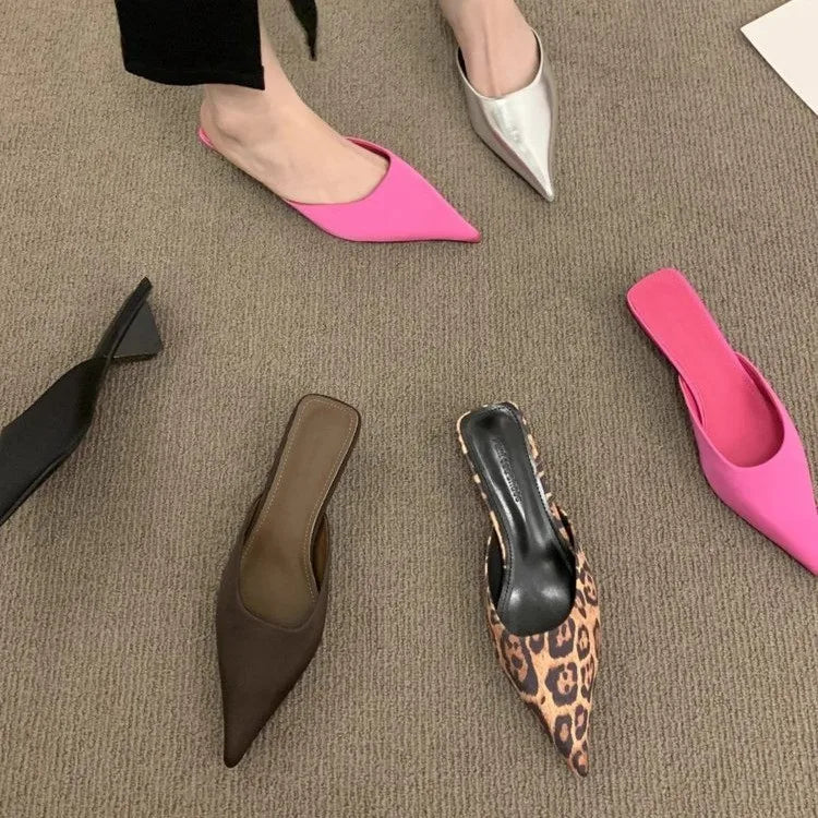 Pointed Toe Women Mules Slipper Fashion Candy Color Ladies Elegant Dress Sandal Square Low Heel Slip on Slides Shoes