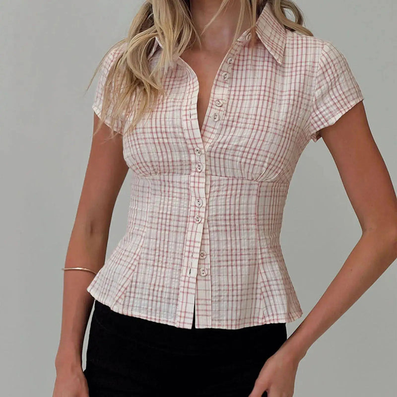 Women's Y2K Plaid Button down Shirt Short Sleeve Blouse - View 7 | SAMAG