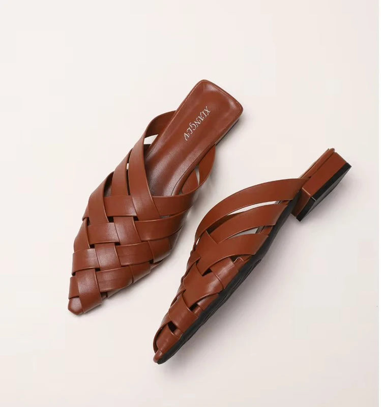 Woven Mules Outdoor Slippers Summer Beach Casual Slides Shoes Point Toe Low Heel Sandals Women Muller Zapatos Big Size 43 мюли 뮬