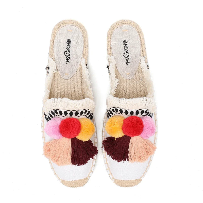Women's Slippers  Espadrilles  Fluffy Ball Mule Slides Sale -  Rubber Hemp Shoes Outside Spring  women  sandals