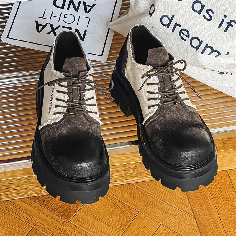 Men Thick Soled Derby Shoes Height Increasing Non Slip Breathable Color Blocked Casual Personalized Youth Fashion Shoes